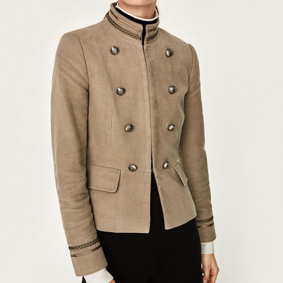•SOLD• Zara Buttoned Military Blazer Taupe Small - Picture 2 of 8